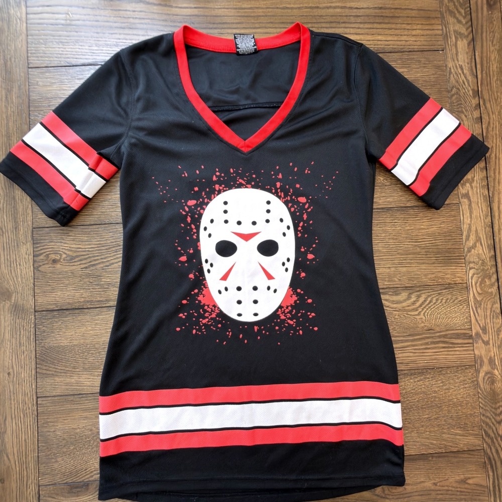 Friday the 13th Jason Voorhees Hockey Jersey Shirt Black Red Women Large 1087